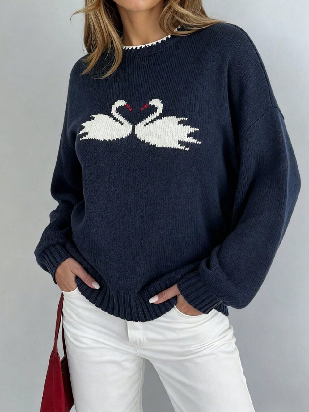 Navy Blue Casual Women's Navy Swan Pattern Pullover Sweater For - Picture 5 of 11